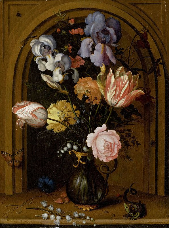 Balthasar van der Ast, Blumenstilleben in einer Glasvase vor einer Nische mit Schmetterling, Eidechse, Fliege und Libelle, 1657