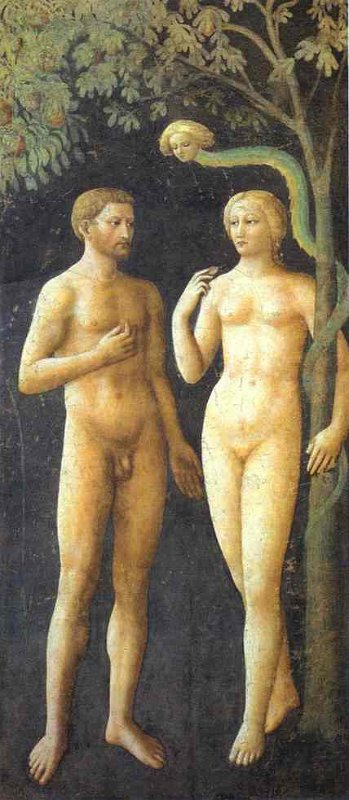 Masolini, Adam und Eva(bzw. der Sündenfall), vor 1425, ein Fresco in der Brancani-Kapelle der Kirche Santa Maria del Carmine in Florenz