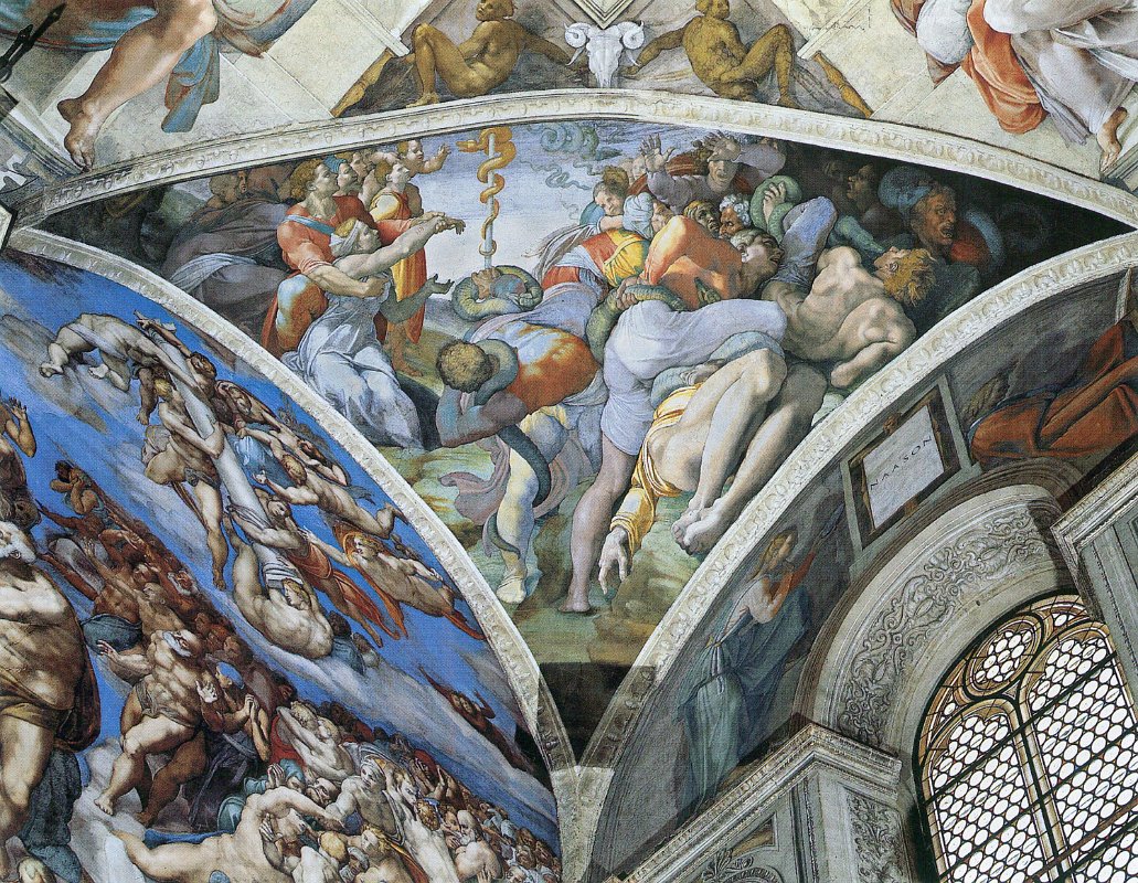 Michelangelo, Zwickel mit der ehernen Schlange, 1508 - 1512, Fresco in der Sixtinischen Kapelle in Rom
