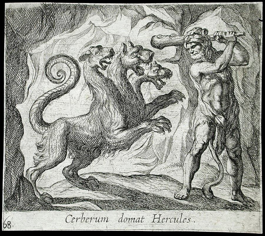 Cerberus and Heracles. Etching by Antonio Tempesta (Italy, Florence, 1555–1630). The Los Angeles County Museum of Art.