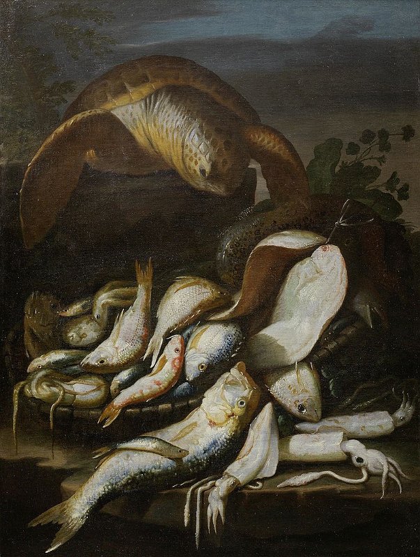 Elena Recco,(1654-1715), Stilleben mit Fischen und einer Schildkröte, Privatsammlung