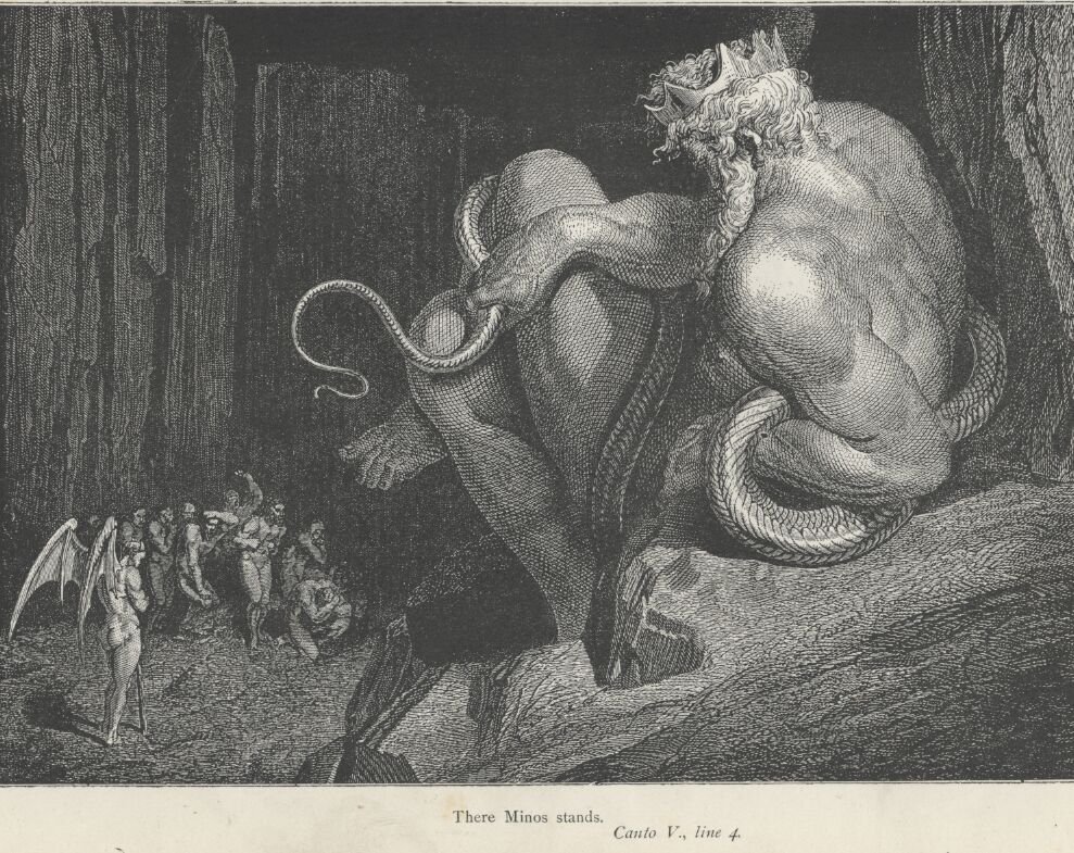 Minos sitzt zu Gericht, Illustration Gustave Dores zu Dantes Gottlicher Komodie
